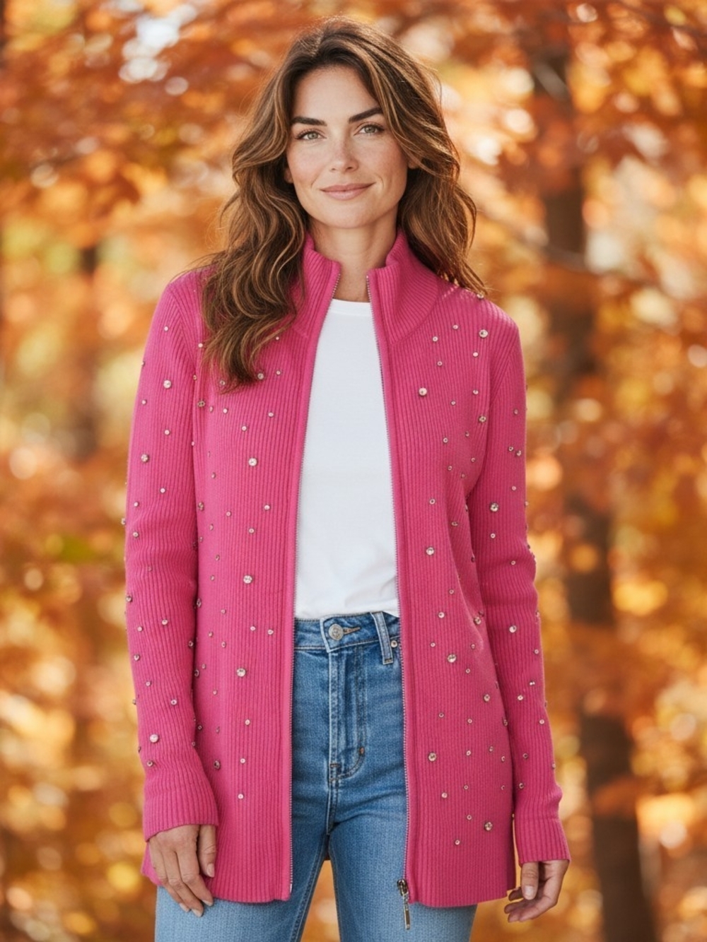 Boston Proper Pink Pearl-Embellished Zip Cardigan